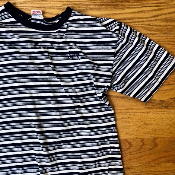 STUSSY vintage 90s grunge Y2K striped crew neck tee | Made in USA | Size Large - Picture 1 of 8